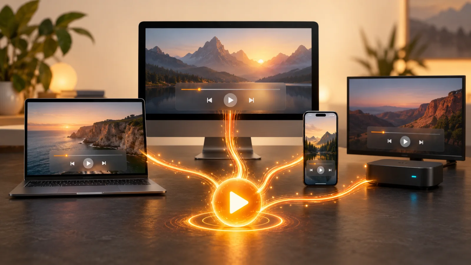 Media playback displayed across desktop, laptop, phone, and television devices