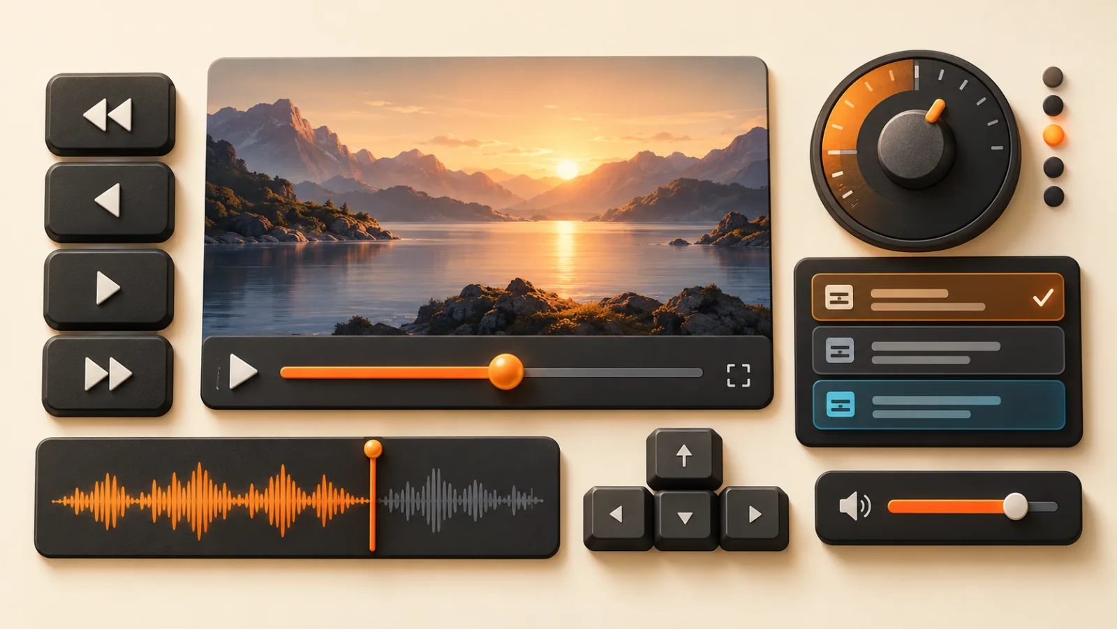Media player controls for playback, audio, subtitles, and frame navigation