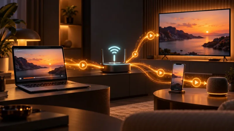 Laptop, router, phone, television, and speaker connected for local media streaming