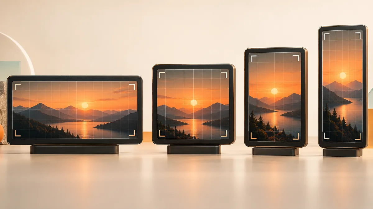 Video frames showing landscape, square, portrait, and vertical ratios
