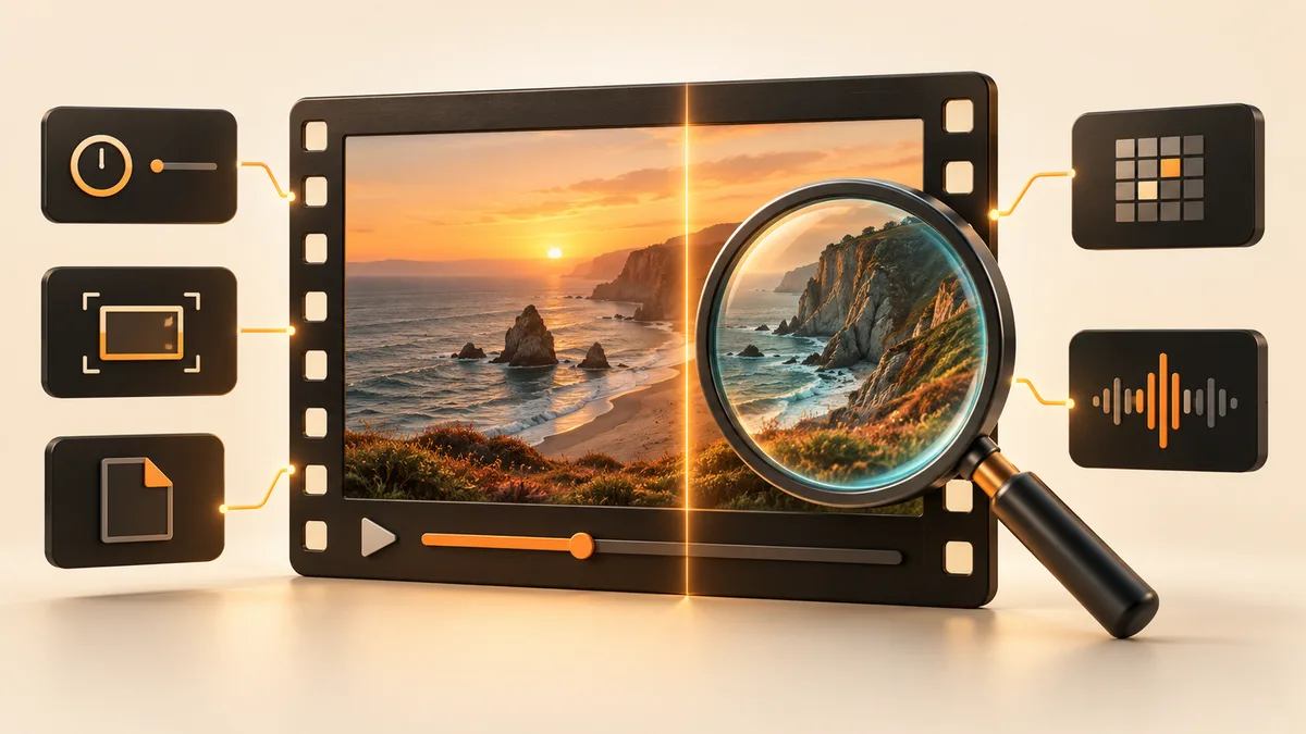 Magnifying lens inspecting video dimensions, duration, file, and audio data