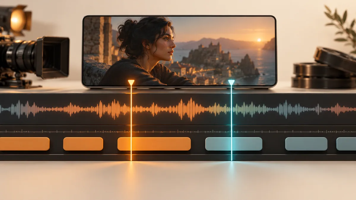 Subtitle blocks aligned against a video audio waveform timeline
