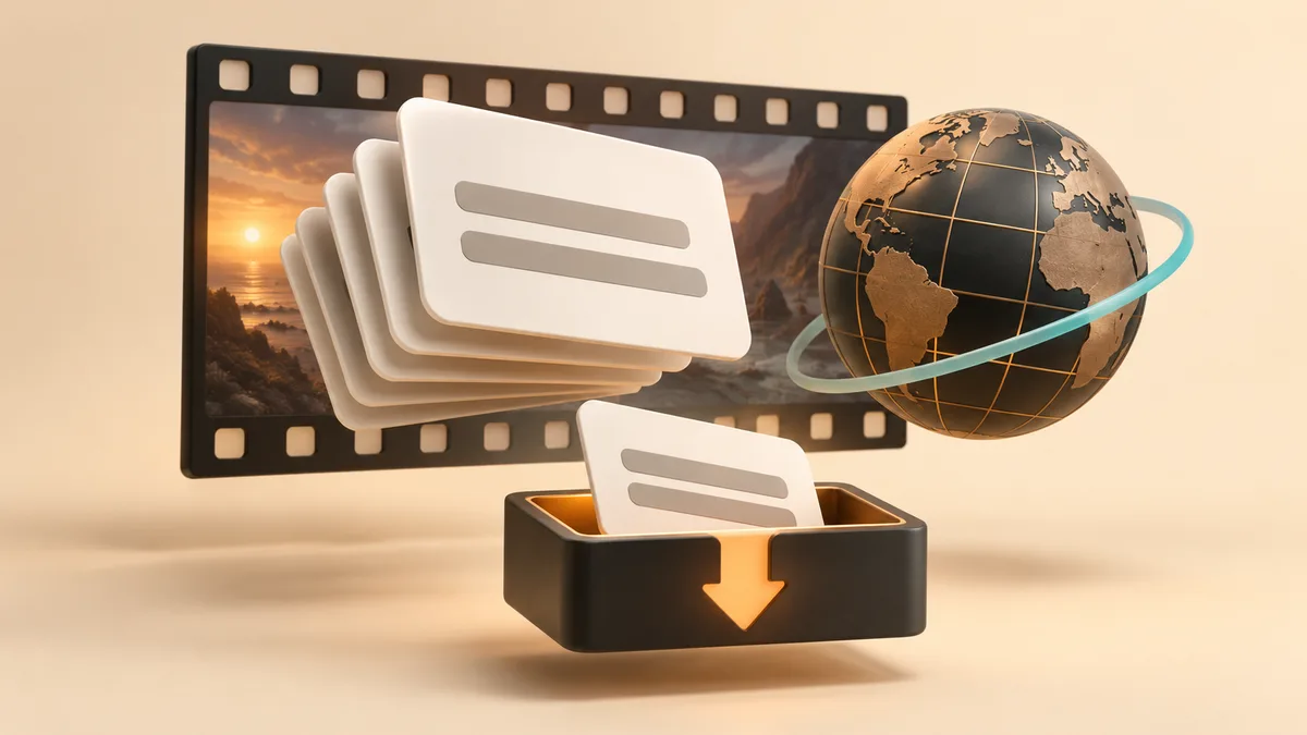 Subtitle cards moving from a film frame into a download tray