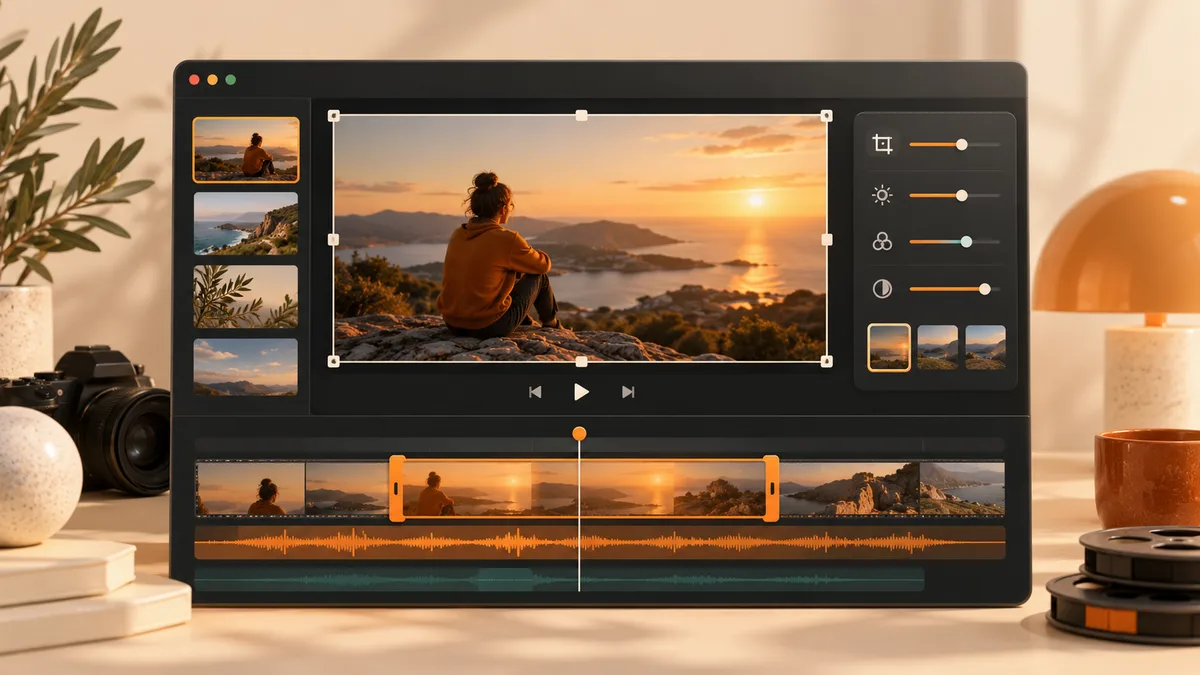 Browser video editor with crop controls and a multitrack timeline