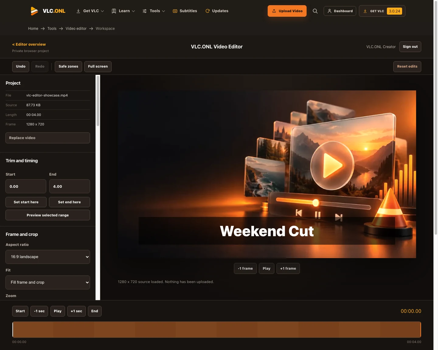 VLC.ONL browser video editor showing trim, crop, color and text controls beside a widescreen preview