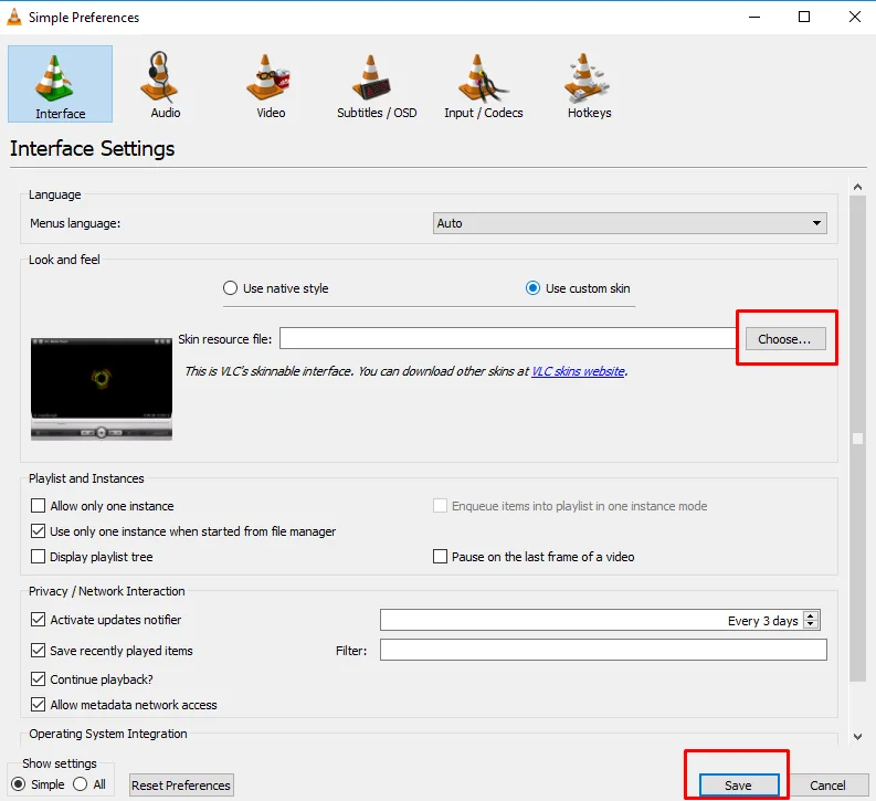 VLC custom skin file chooser and Save button highlighted