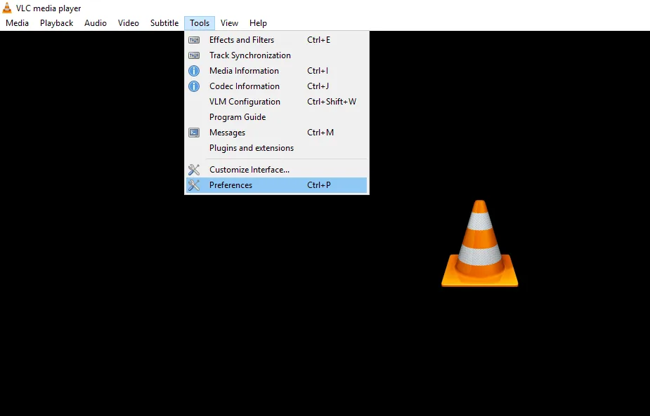 VLC Tools menu with Preferences highlighted for skin setup